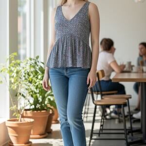 J.Crew Mercantile Peplum Tank Top XXS 00-2 Blue Floral V-Neck Babydoll Blouse